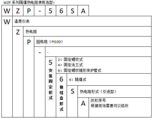 WZPK-24防爆鎧裝熱電阻(固定螺紋帶隔爆接線盒)使用選型 WZPK-248T固定卡套螺紋防爆鎧裝熱電阻使用選型